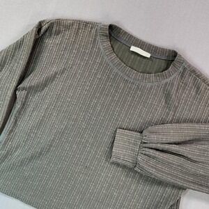 Final Touch Sweater Womens Small Gray Rib Knit Tie Front Balloon Sleeve Pullover